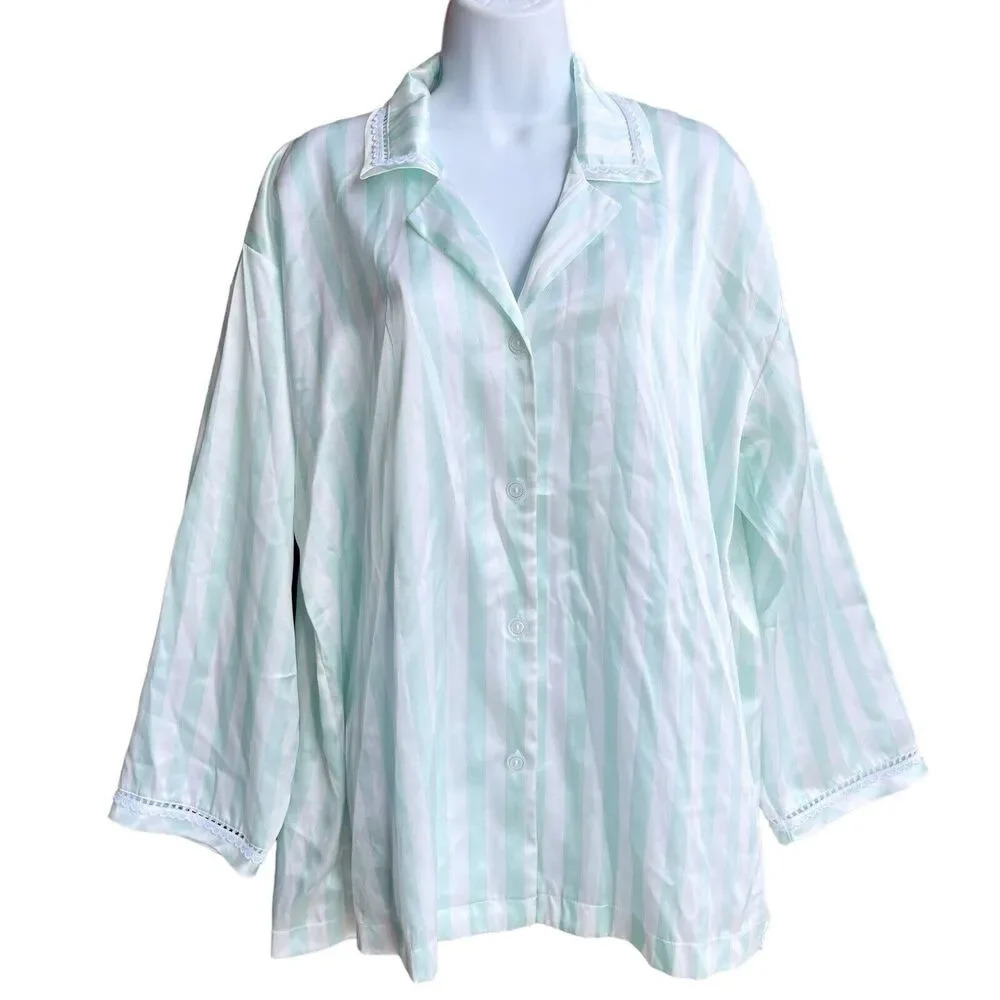 CHRISTIAN DIOR For Neiman Marcus Pajamas Top Women’s M Satin Striped Lace Trim